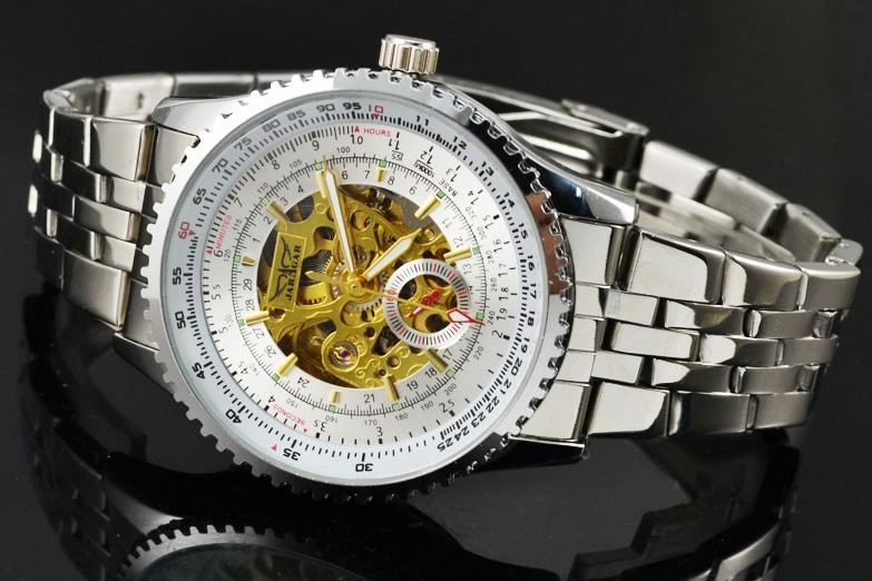 นาฬิกาข้อมือ Mechanical watch นาฬิกาโชว์กลไก นาฬิกาเปลือย สาย Stainless หน้าปัดขาว ตัวกลไกสีทอง ตัดกันอย่างลงตัว no 82069