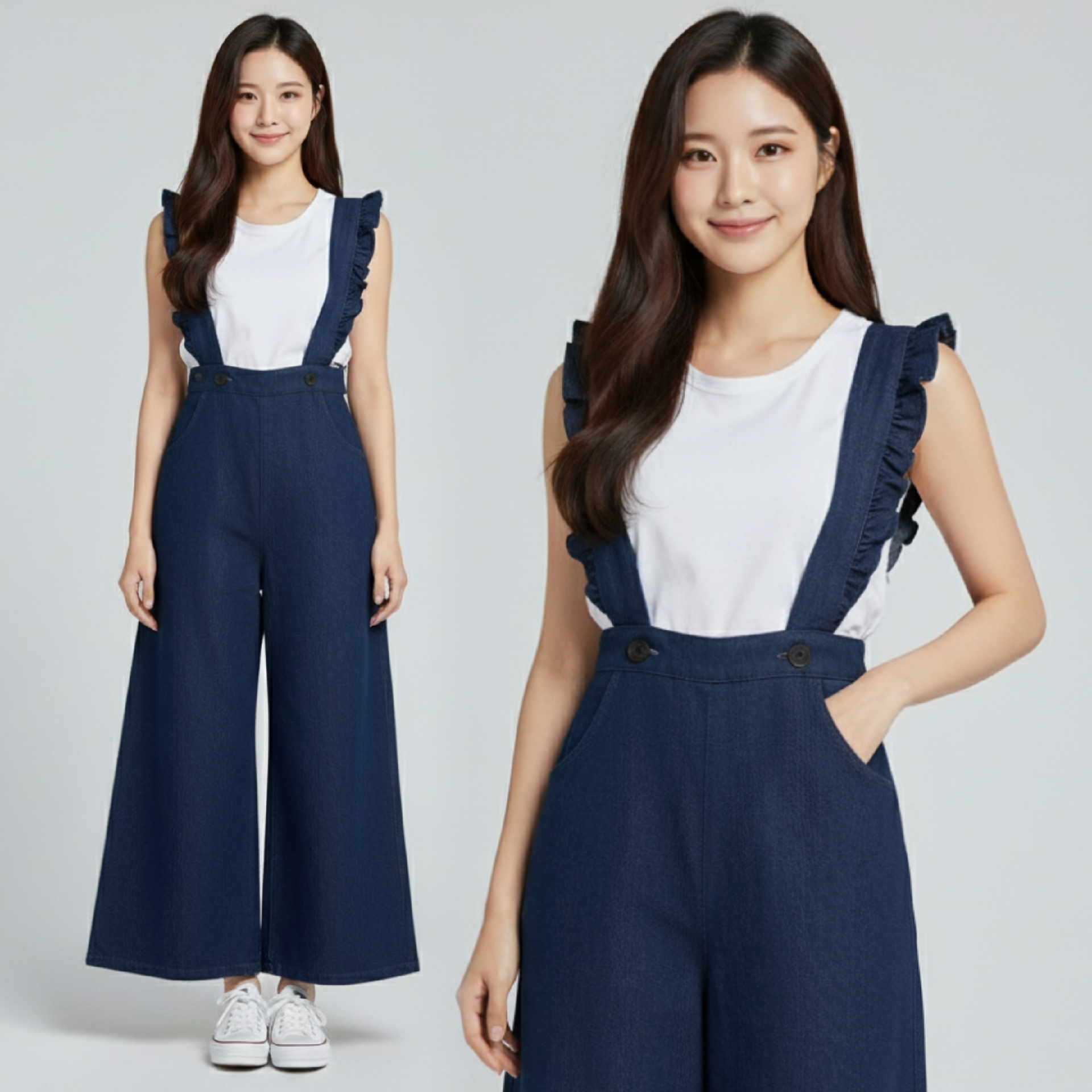 👖 Jumpsuit662 ชุดเอี๊ยมยีนส์ขายาว ผ้ายีนส์แท้สียีนส์เข้ม ทรงกระบอกใหญ่ปลายขาบานเล็กน้อย เอวสม็อคเข้าทรง แมทช์ง่าย ดูเก๋มีสไตล์ทุกลุค