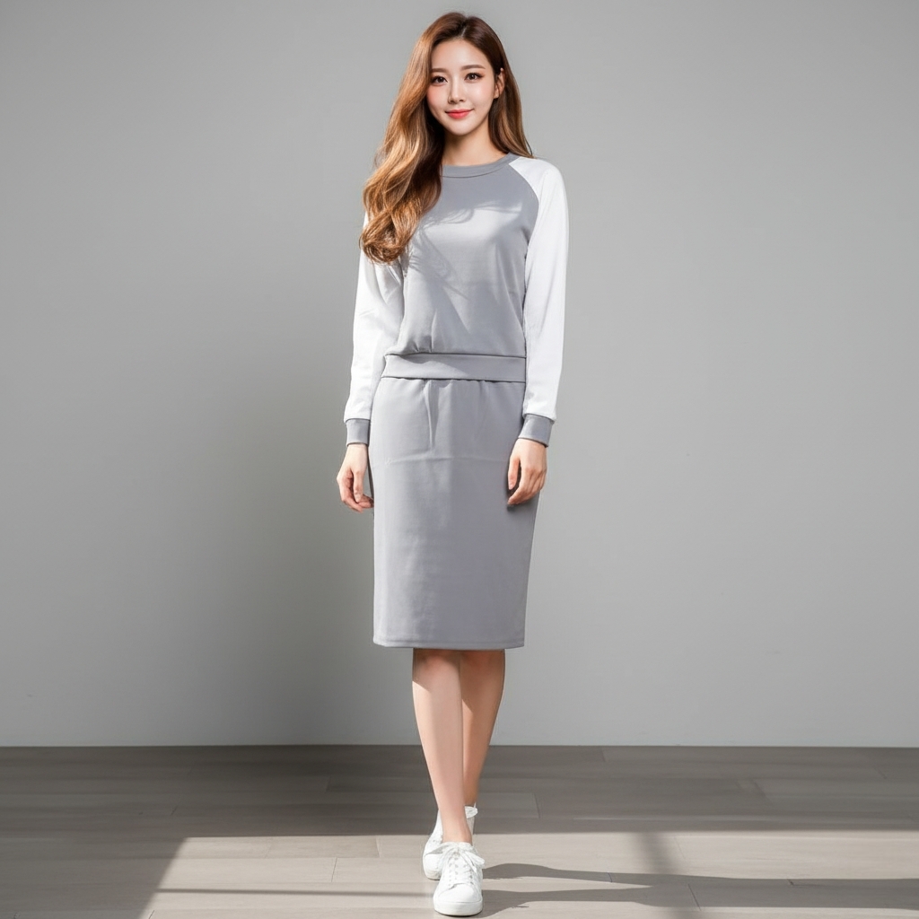 🤍 Set_bs1295 ชุดเซ็ทผู้หญิง เสื้อแขนยาว+กระโปรงเข้ารูป โทนขาวเทา สไตล์เกาหลี ใส่ไปคาเฟ่ ใส่ทำงานได้ ผ้านุ่มยืดหยุ่น