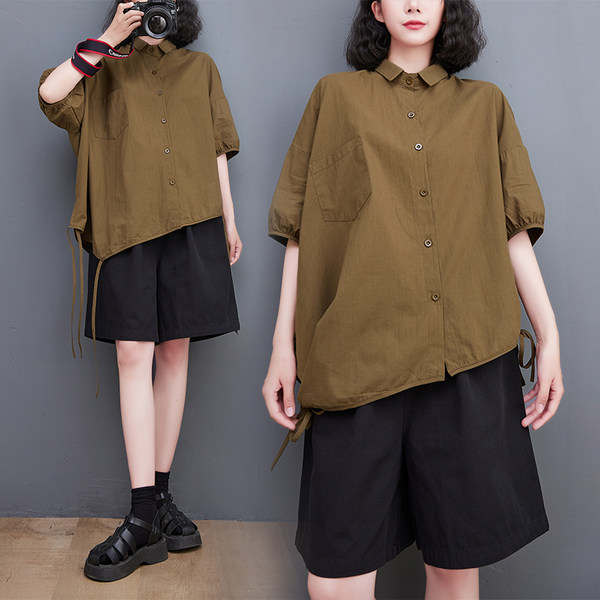 เสื้อทีเชิ้ตคนอ้วนผู้หญิงสไตล์คอตตอนลินินมีไซต์อก 47-48 นิ้ว