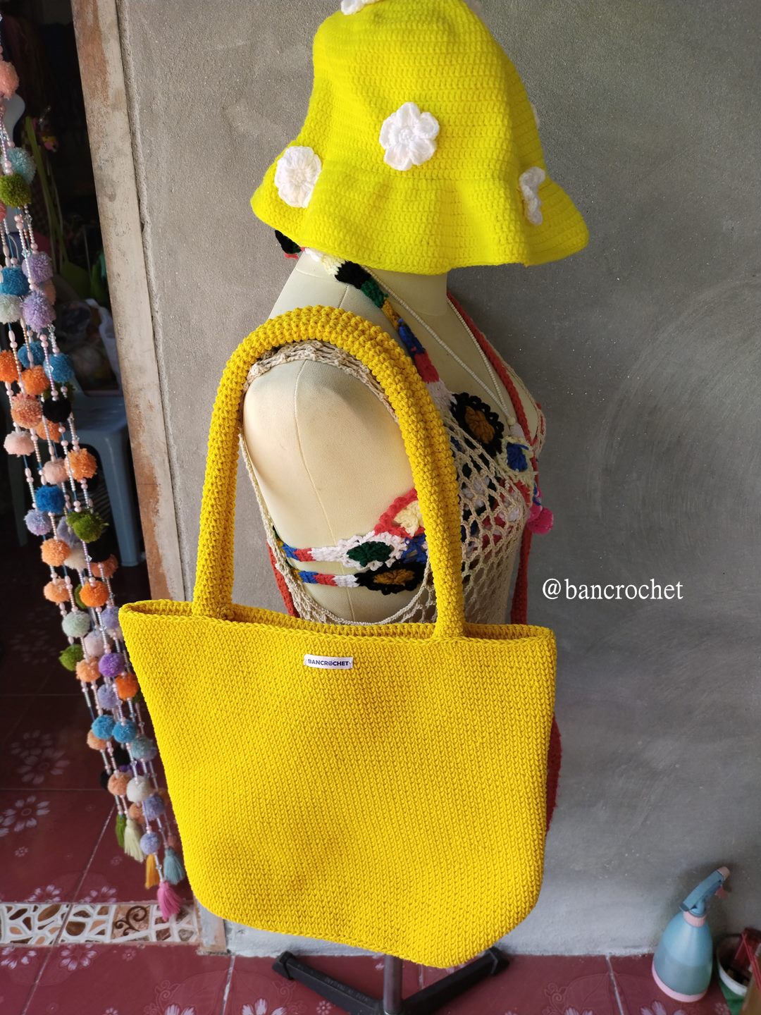 Bancrochet กระเป๋าถักโครเชต์ crochet bag เหลือง 29*32*9*สาย 24 cm