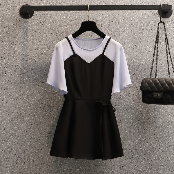 เดรสคนอ้วน เดรสสาวอวบ ชุดเดรสคนอ้วนวัยรุ่น เสื้อแขนสั้นเข้าเอว BY PLUS SIZE Girl