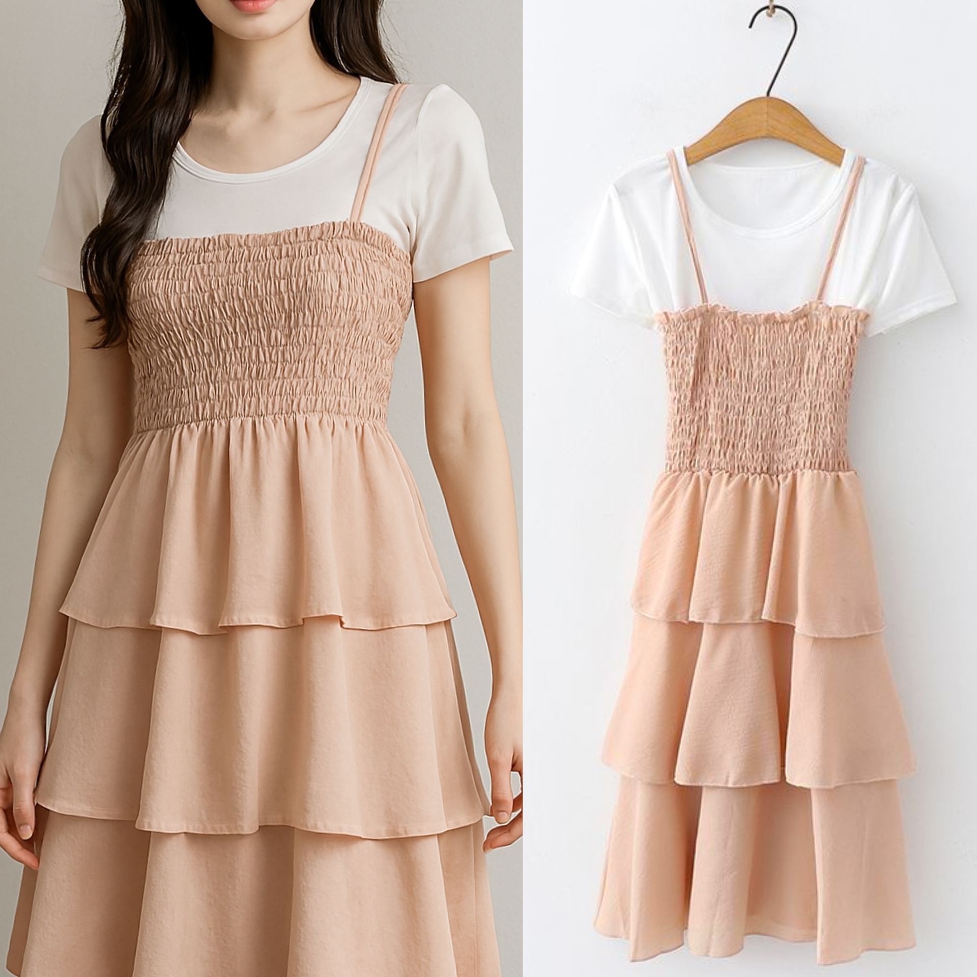 🤍 Dress4621 เดรสยาวระบายชั้นสีครีม+เสื้อยืดขาว ลุคเก๋ใส่ได้บ่อย ผ้าชีฟองเกรดพรีเมียมเนื้อหนาสวยมีน้ำหนัก