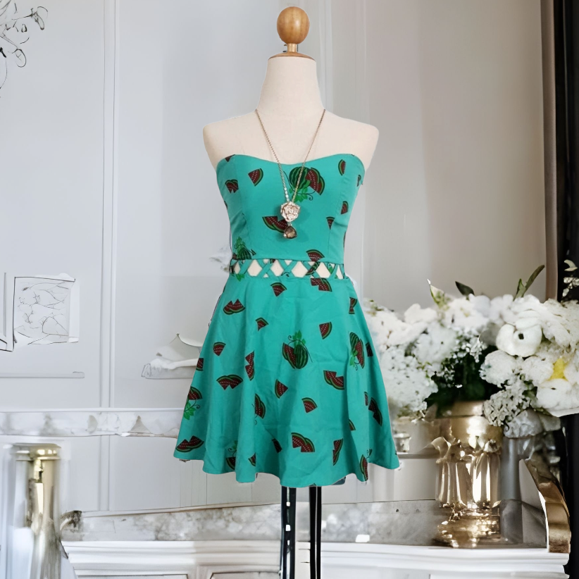 Dress2241 เดรสเกาะอกเสริมฟองน้ำลายแตงโมสีเขียวมิ้นท์ ผ้าฮานาโกะเนื้อดีนุ่มใส่สบาย งานสวยใส่ง่ายน่ารักมาก
