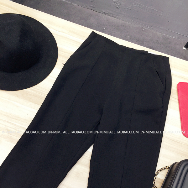 กางเกงขายาว 5 ส่วน ผ่าหน้า ผ้าใยสังเคราะห์ ยืดได้นิดหน่อย ไม่หนา พร้อมส่ง black