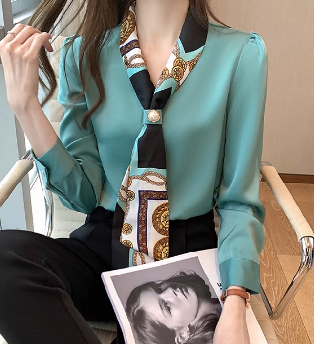 เสื้อเชิ้ตผู้หญิง แฟชั่น เสื้อเชิ้ต แขนยาว แบบมี ที่ผูก ตรงคอ แบบเก๋ ๆ เสื้อเชิ้ต สวย ๆ ใส่ทำงาน ออฟฟิต ใส่ present งาน 501138