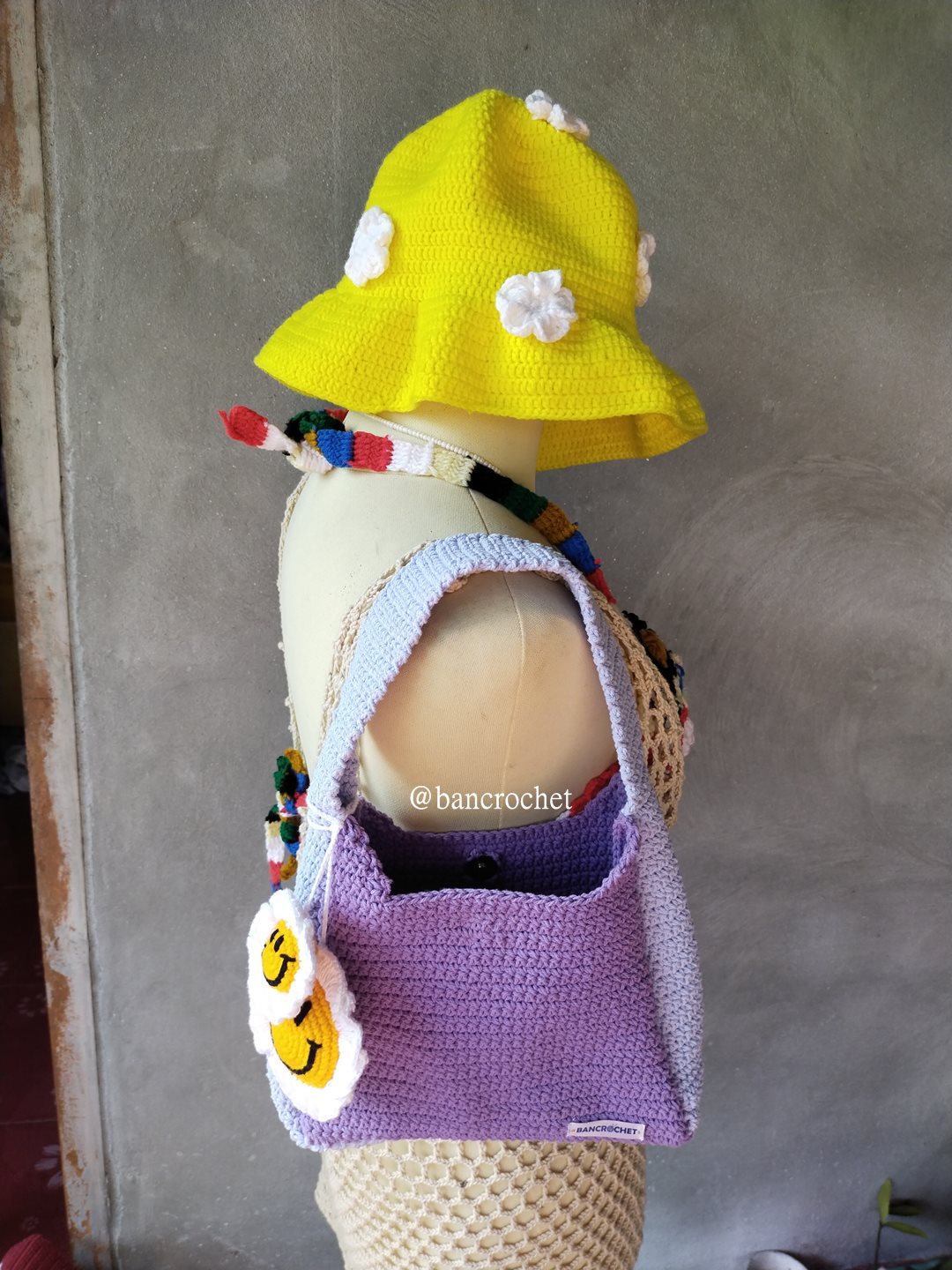 Bancrochet กระเป๋าถักโครเชต์ crochet bag ม่วง 8*5.5 สาย 7 inch