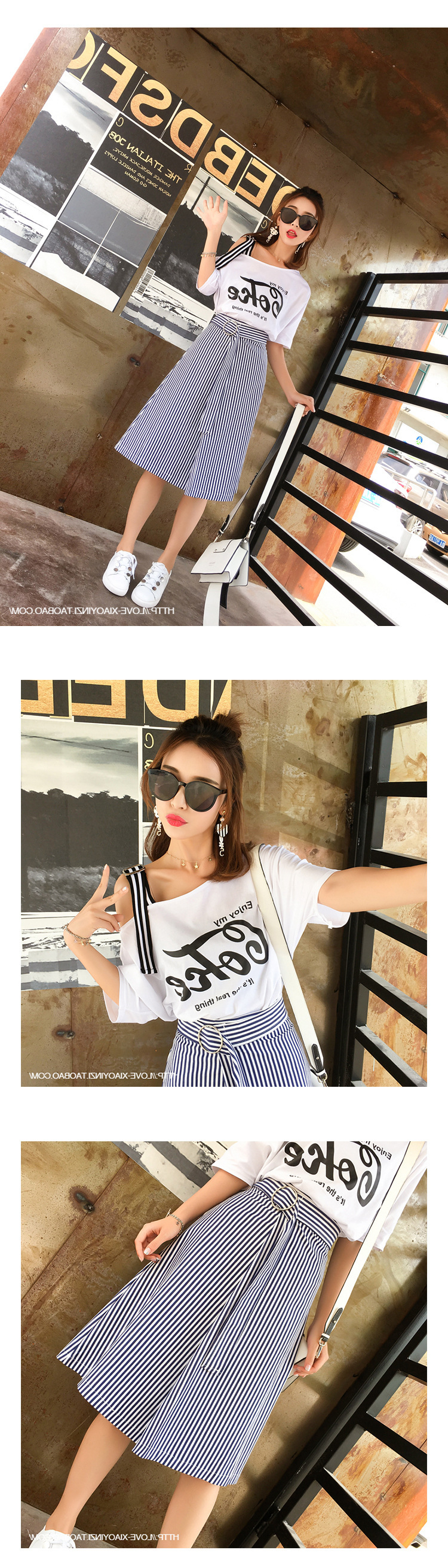 Set_bs1789 ชุดเซ็ท 2 ชิ้น(เสื้อ+กระโปรง) เสื้อทรงโอเวอร์ไซส์เปิดไหล่เฉียงแต่งสายบ่าเข็มขัดผ้าคอตตอนเนื้อนุ่มยืดหยุ่นสูง+กระโปรงยาวลายริ้วสีขาวกรมซิปหลังผ้าโพลีเนื้อดีใส่สบาย งานเซ็ทเข้าชุดสุดน่ารัก ดีเทลเก๋ๆ ดีงาม แมทช์ได้ลงตัวเข้ากันดูดี
