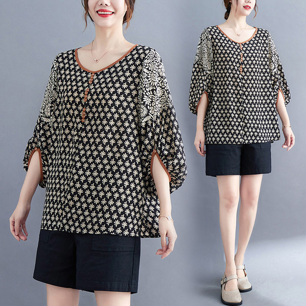 เสื้อทีเชิ้ตคนอ้วนผู้หญิงสไตล์คอตตอนลินินมีไซต์อก 47-48 นิ้ว