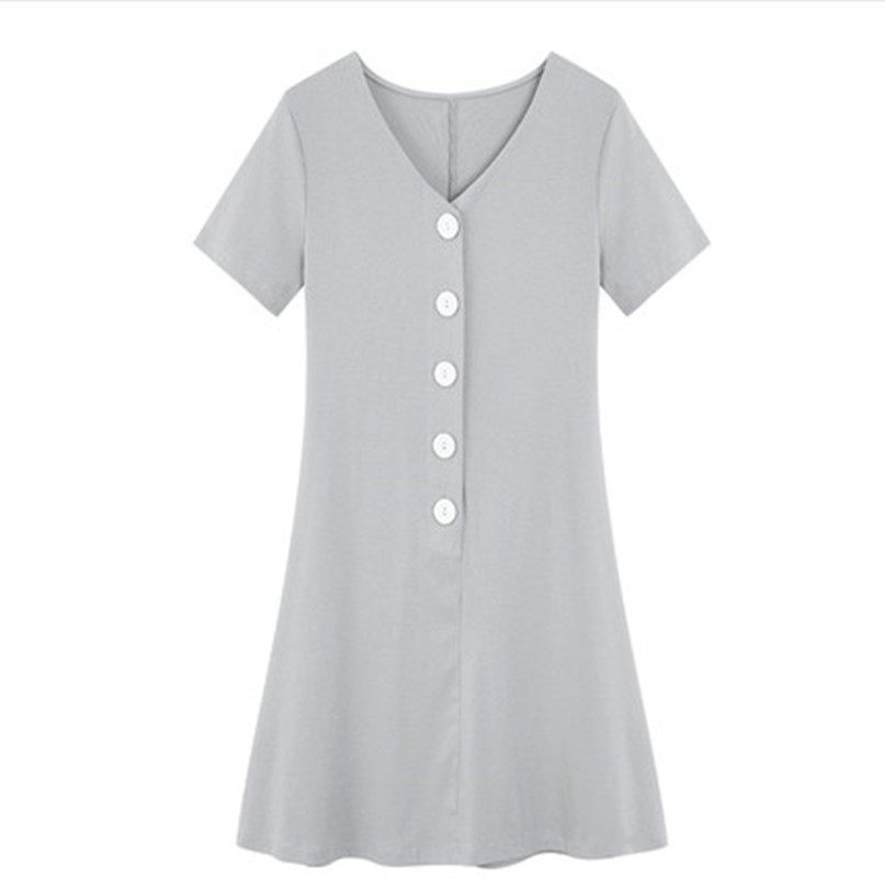 Dress4657 มินิเดรสคอวีกระดุมหน้า ผ้าคอตตอนเนื้อดีนุ่มใส่สบายยืดหยุ่นสูง งานน่ารักสไตล์มินิมอล ใส่เก๋ๆ ได้บ่อย มี 2 สี เทา, ดำ