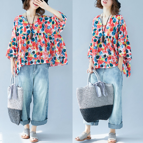 เสื้อทีเชิ้ตคนอ้วนผู้หญิงสไตล์คอตตอนลินินมีไซต์อก 47-48 นิ้ว