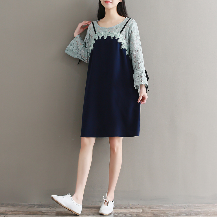 Dress4452 เดรสไซส์ใหญ่ทรงปล่อยอกลูกไม้สีกรมท่า แขนยาวแต่งระบาย ผ้าคอตตอนสแปนเด็กซ์เนื้อดีมีน้ำหนักทิ้งตัวยืดขยายได้ งานดีทรงดีสวยเรียบหรู ใส่เที่ยว/ใส่ทำงานได้