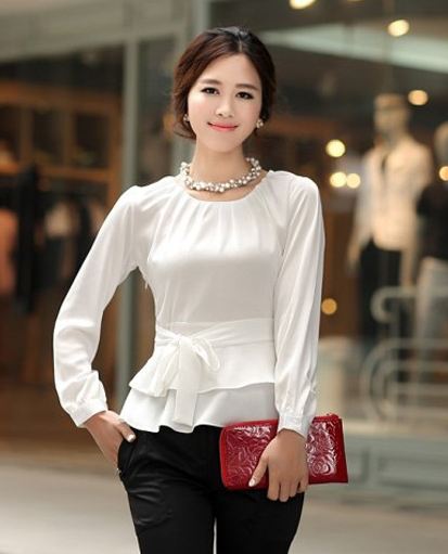 เสื้อเชิ้ต สีขาว แขนยาว ผ้าชีฟอง แบบสวย มีโบว์ที่เอว no 9638