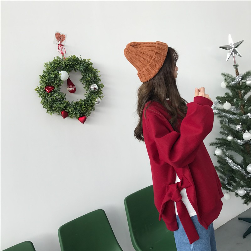 เสื้อแขนยาวแฟชั่นตัวโคล่ง สีแดงเลือดนก ผ้าสักกะหลาดเนื้อ แดง free