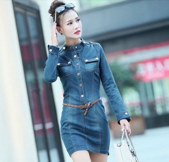 เดรสยีนส์ รัดรูป สำหรับผู้หญิงหุ่นดีมาก เดรสยีนส์ Mini skirt กระโปรงทรงตรง สั้นเหนือเข่า สียีนส์เข้ม คอตั้ง ดีไซน์ สาวเปรี้ยว 740951