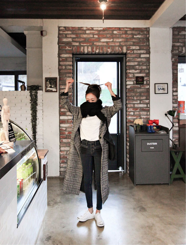 Korea Minimal Coat เสื้อคลุมกันหนาว ตัวยาว37" สไตล์เกาหลี ผ้าทอลายสก๊อต บุซับในกันลม