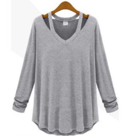 เสื้อแฟชั่น ผู้หญิง ผ้า Cotton เสื้อแขนยาว ใส่หลวม ๆ เสื้อยืดแบบมี ดีไซน์ เป็นสายคล้องคอ โชว์ไหล่ เสื้อคอวี คอกว้าง เสื้อผู้ใหญ่ วัยทำงาน 868929_2