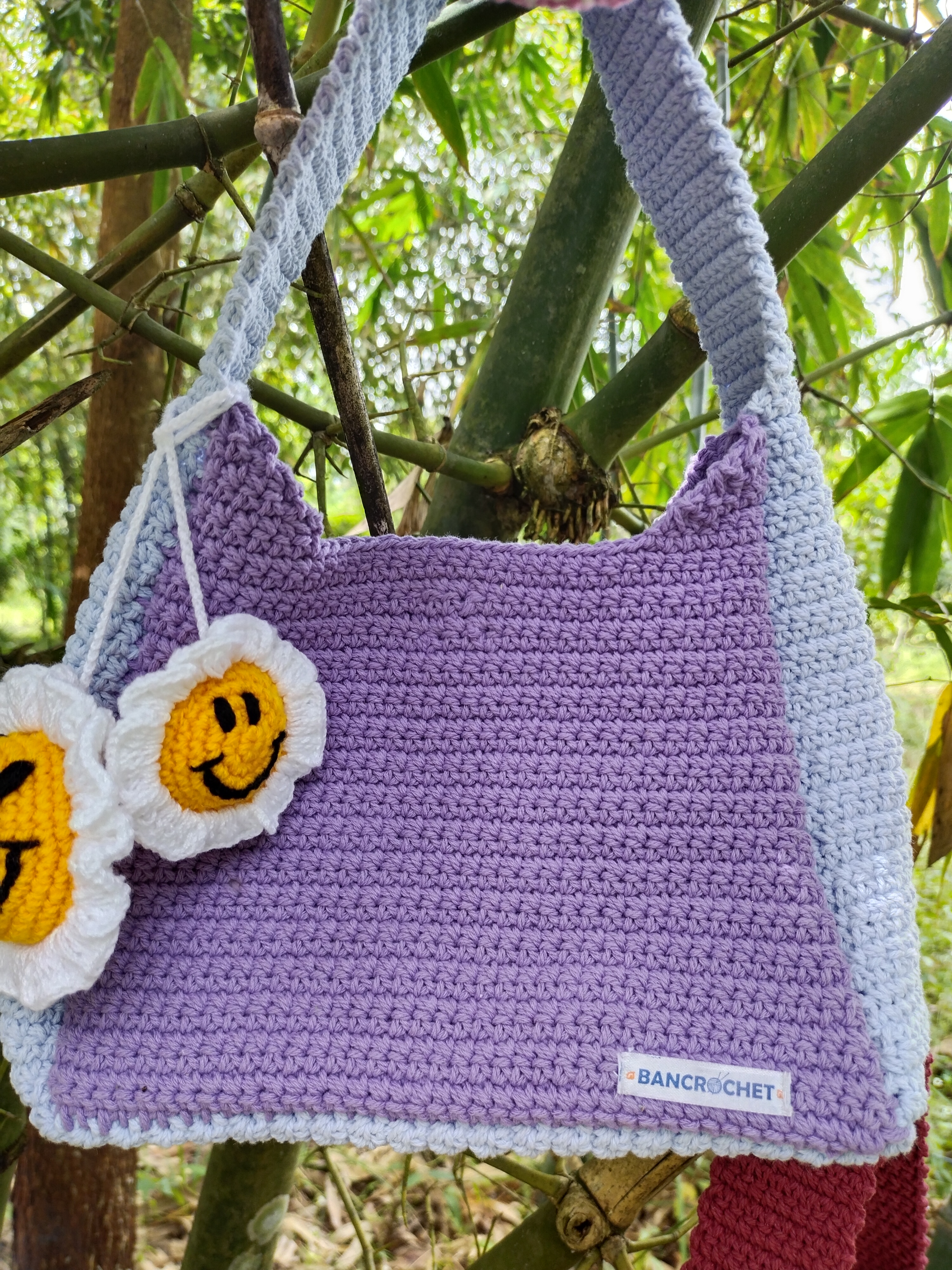 Bancrochet กระเป๋าถักโครเชต์ crochet bag ม่วง 8*5.5 สาย 7 inch