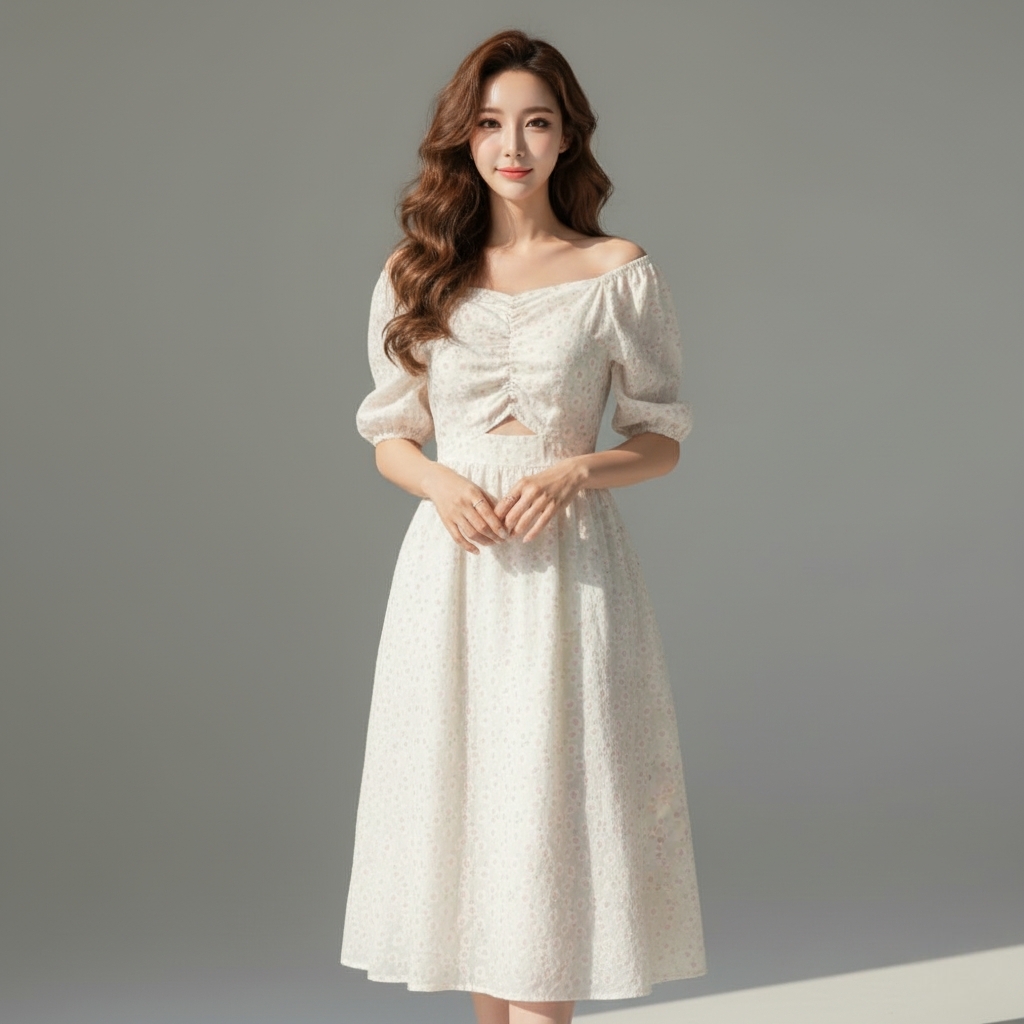 🌸 Dress4674-White เดรสยาวคอวีลายดอกไม้พื้นขาว แขนตุ๊กตา เอวยางยืด ดีไซน์หวานนิดๆ เก๋หน่อยๆ ได้ทั้งลุคเรียบง่ายและดูแพง