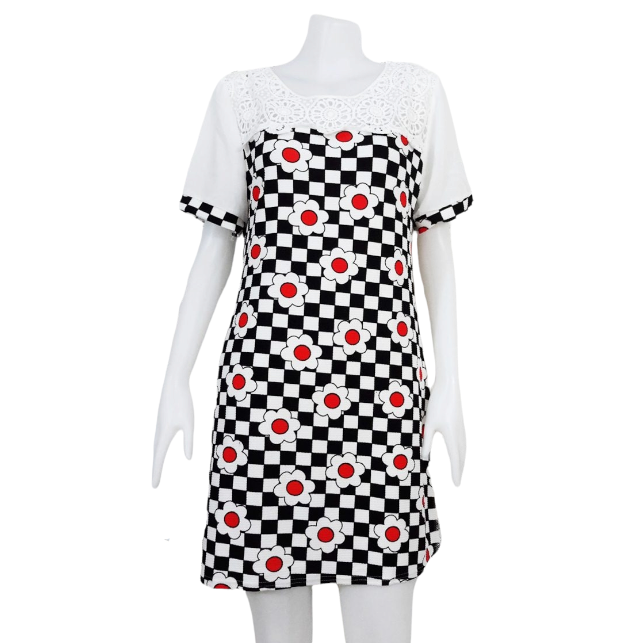 Dress3271 ชุดเดรสแฟชั่นอกลูกไม้ถักสีขาว แขนชีฟอง ผ้าวูลเวฟ(ผ้าหนังไก่)เนื้อดีนุ่มยืดหยุ่นสูงใส่สบาย ลายตารางดอกไม้โทนสีดำแดง