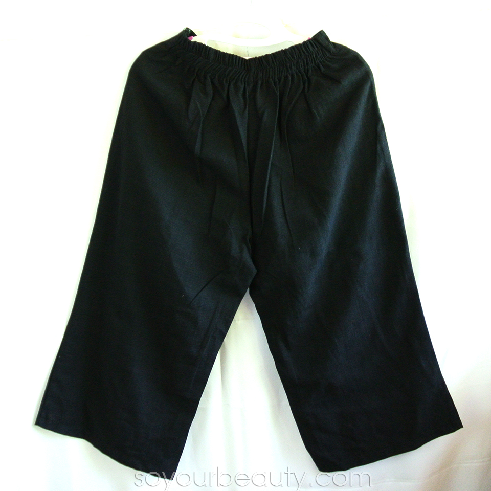 กางเกงขากว้างผ้าลินินสีดำ เนื้อหนาพอดี ไม่บาง