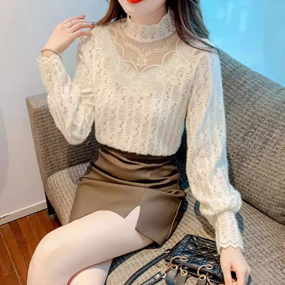 แฟชั่น เสื้อลูกไม้ แขนยาว แบบปิดคอ สไตล์ คุณหนู เสื้อลูกไม้ วัยรุ่น วัยทำงาน แบบสวย ๆ สีเบจ 492638