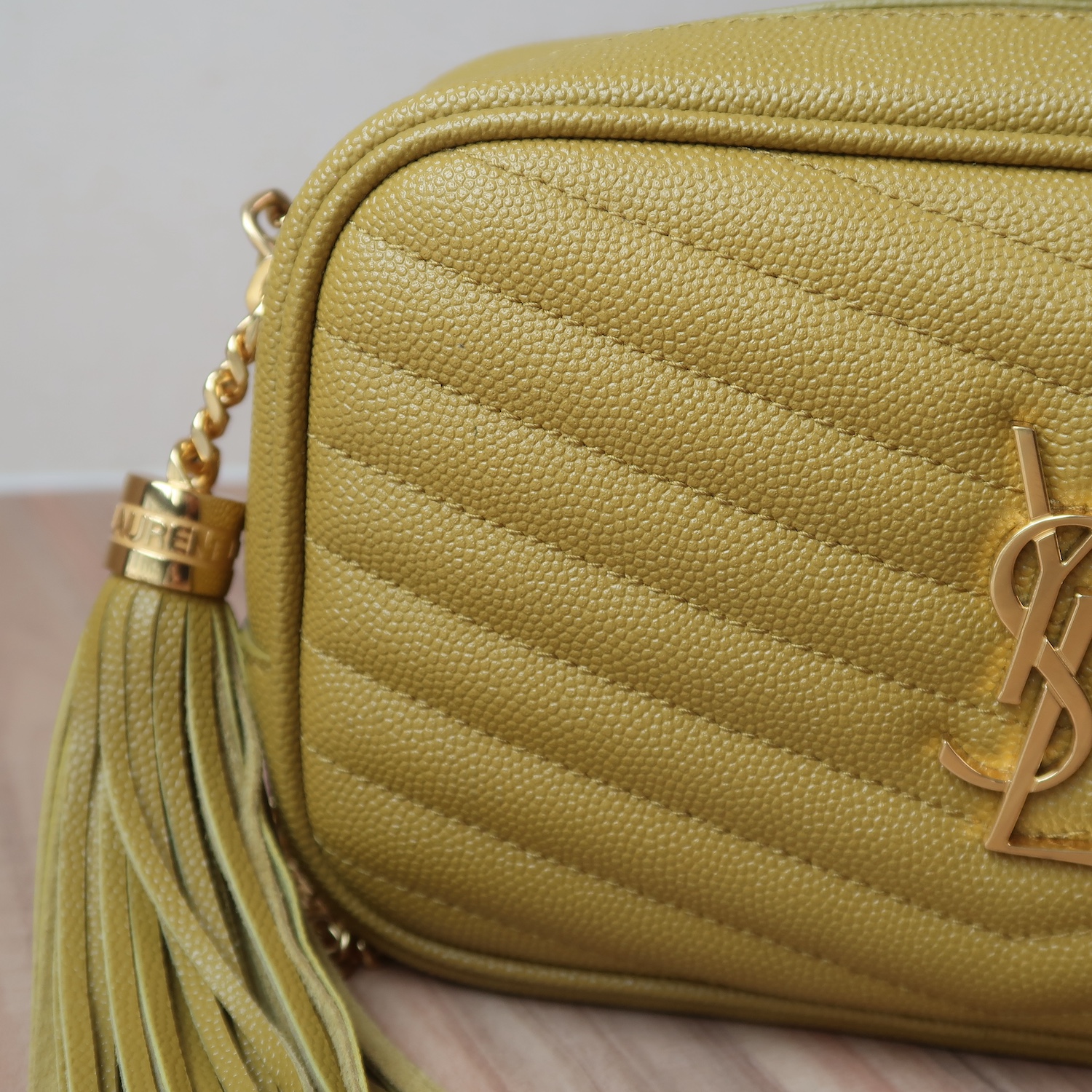 Saint Laurent Light Chatreuse Grain De Poudre Matelasse Mini Lou Camera GHW