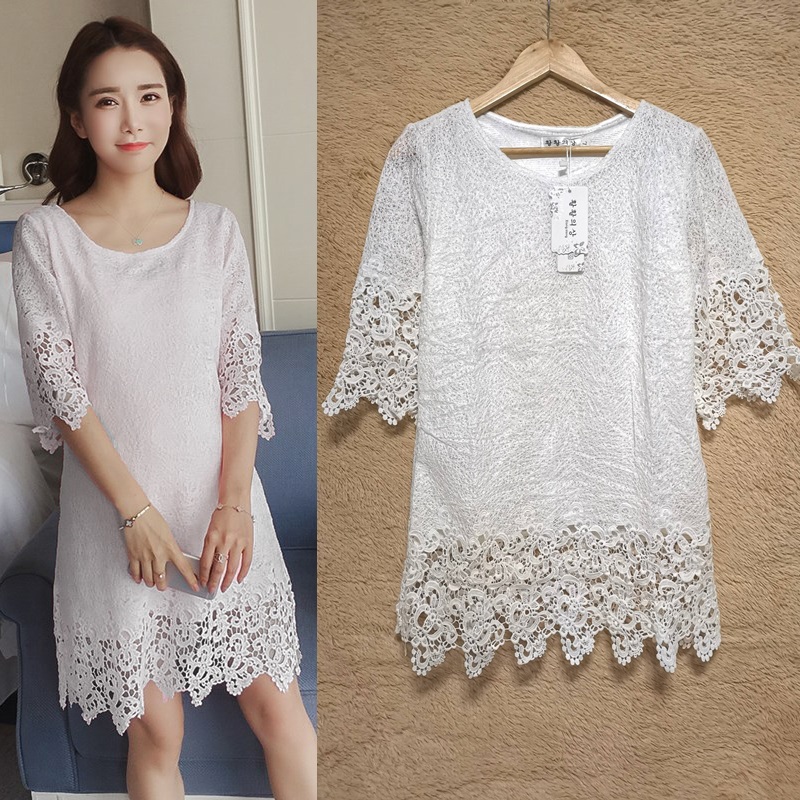 Dress4095 ชุดเดรสลูกไม้ฉลุทรงปล่อยสีพื้นขาว แขนยาวสี่ส่วน มีซับในอย่างดีทั้งชุด งานดีทรงดีลายสวย เรียบหรูดูแพงสุด ใส่ทำงาน/ใส่ออกงานได้