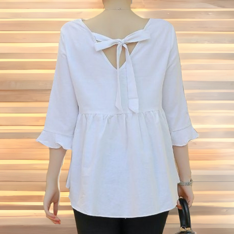 Blouse3783 เสื้อแฟชั่นแขนสามส่วนชายระบาย ผูกโบว์หลัง งานน่ารักสไตล์เกาหลี ผ้าฝ้ายลินินเนื้อดีใส่สบาย งานสวยแมทช์ง่าย ใส่กับอะไรก็เข้า