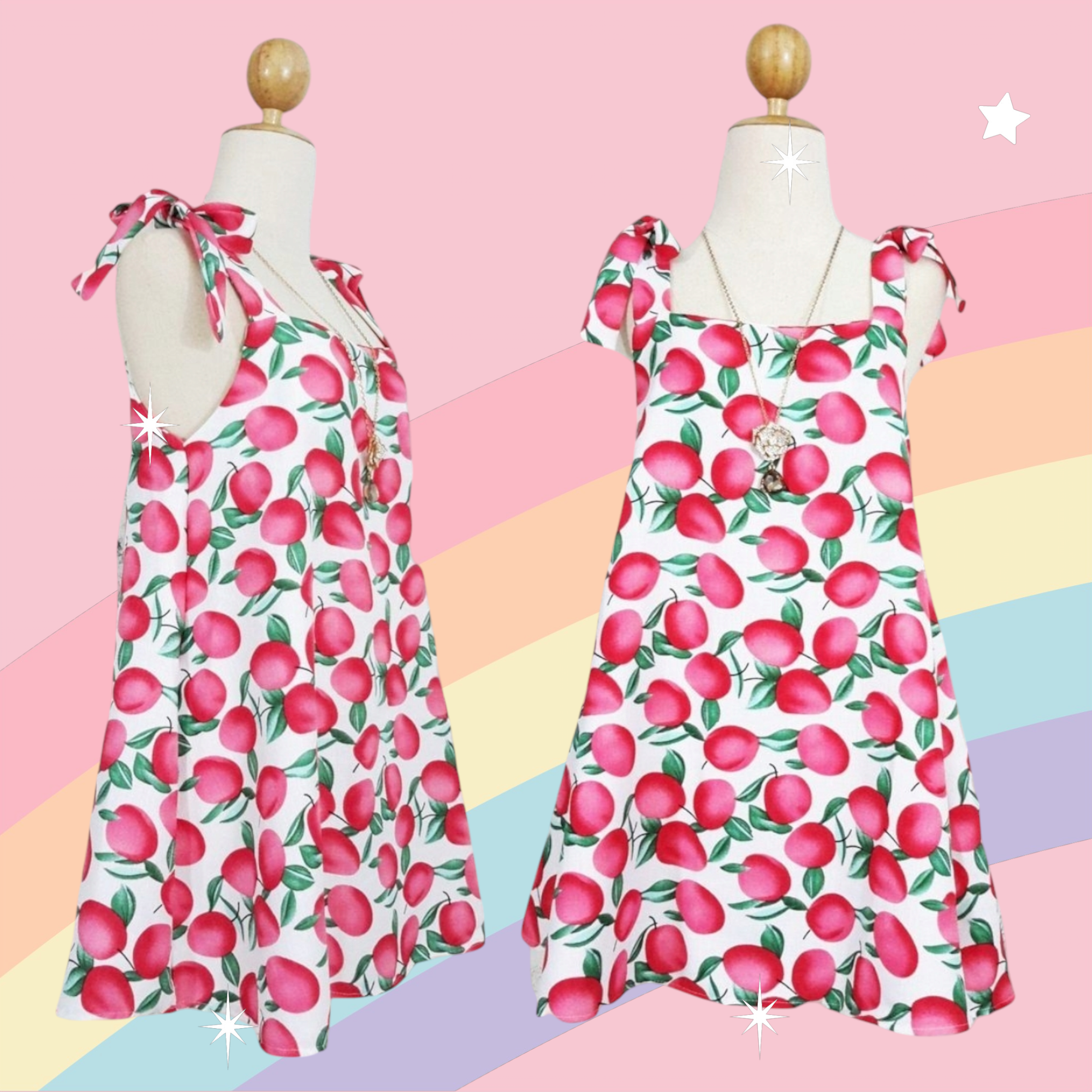 Dress3154 ชุดเดรสกระโปรงทรงปล่อยผูกโบว์บ่าลายผลไม้ ผ้ามิลินเนื้อดีหนาสวยอยู่ทรง งานสวยใส่ง่ายน่ารักมาก
