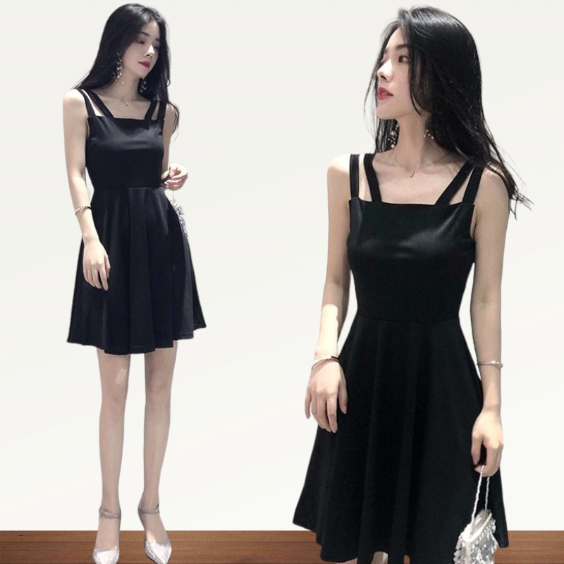 Dress4197 เดรสทรงสวยสีพื้นดำทรงสายคู่ ผ้าคอตตอนผสมสแปนเด็กซ์เนื้อดีหนาสวยมีน้ำหนักทิ้งตัว ผ้านุ่มใส่สบาย