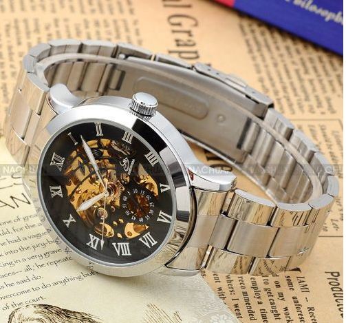 นาฬิกาข้อมือ โชว์กลไก Mechanical watch นาฬิกาข้อมือผู้ชาย สาย Stainless Steel หน้าปัดสีดำ กลไลสีทอง เรียบหรู ลายก้างปลา ของขวัญให้แฟน 673953_1