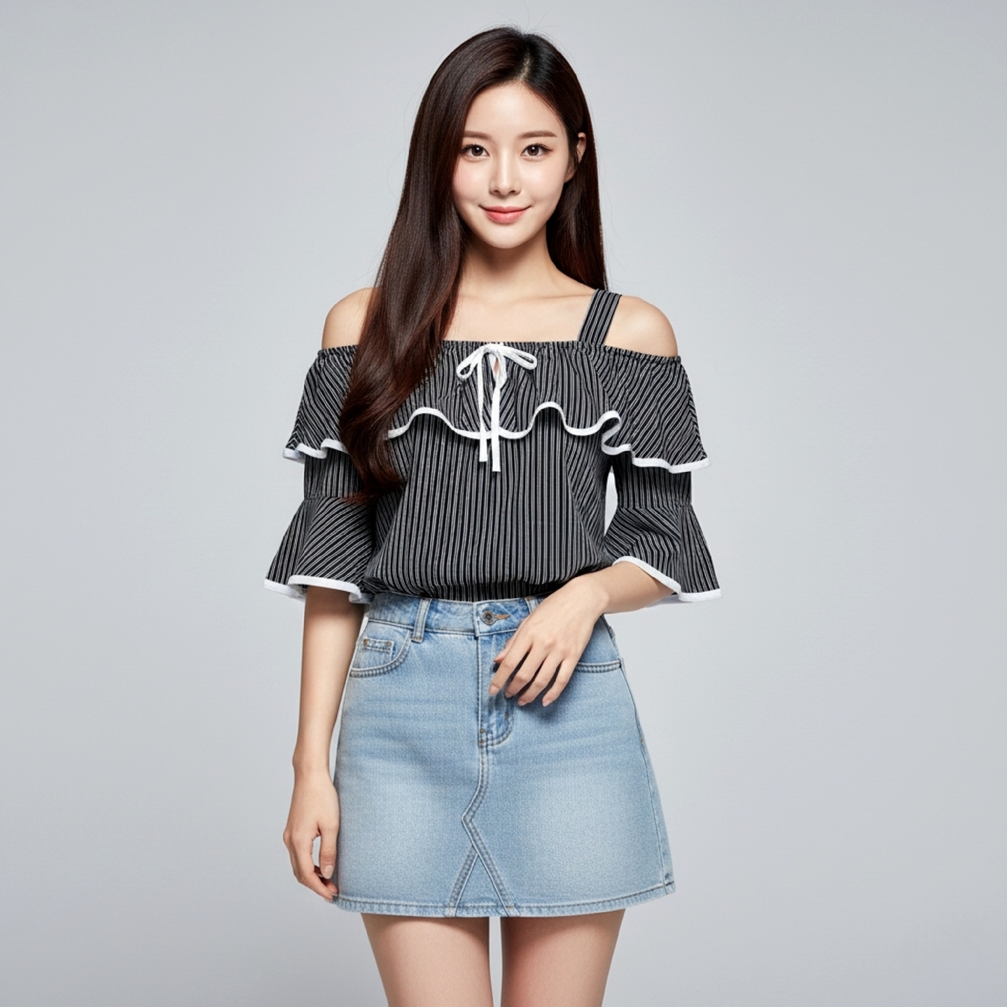 🎀 Blouse3681 เสื้อเปิดไหล่ผ้าชีฟองลายริ้ว แต่งระบายรอบตัว พร้อมโบว์ผูกอกสุดน่ารัก หวานเบาๆ แต่สวยจัดเต็ม