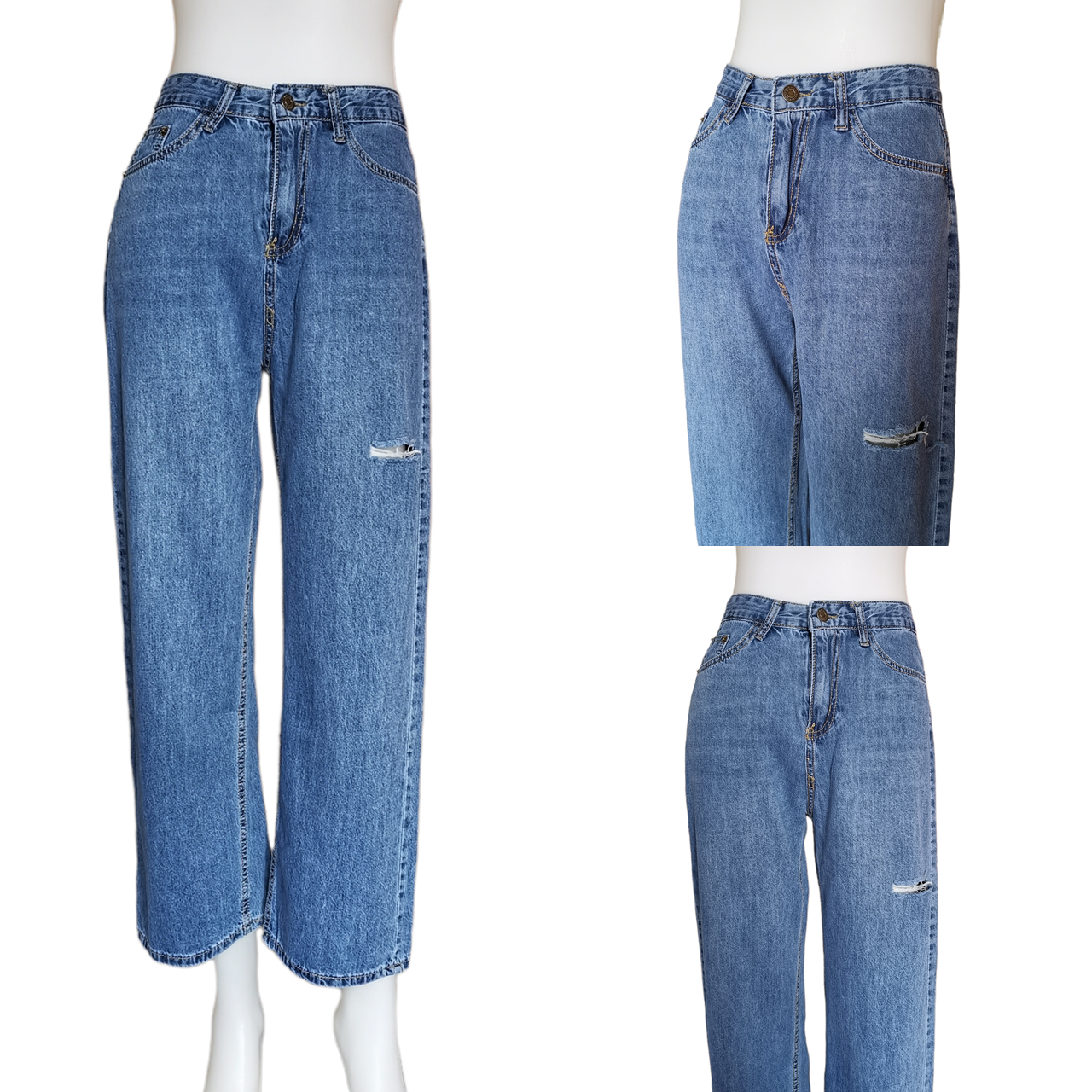 Jeans338 กางเกงยีนส์ขายาวขากระบอกแต่งขาด 1 ข้าง แฟชั่นนำเข้าเกรดพรีเมียม ผ้ายีนส์แท้เนื้อนุ่มน่าใส่