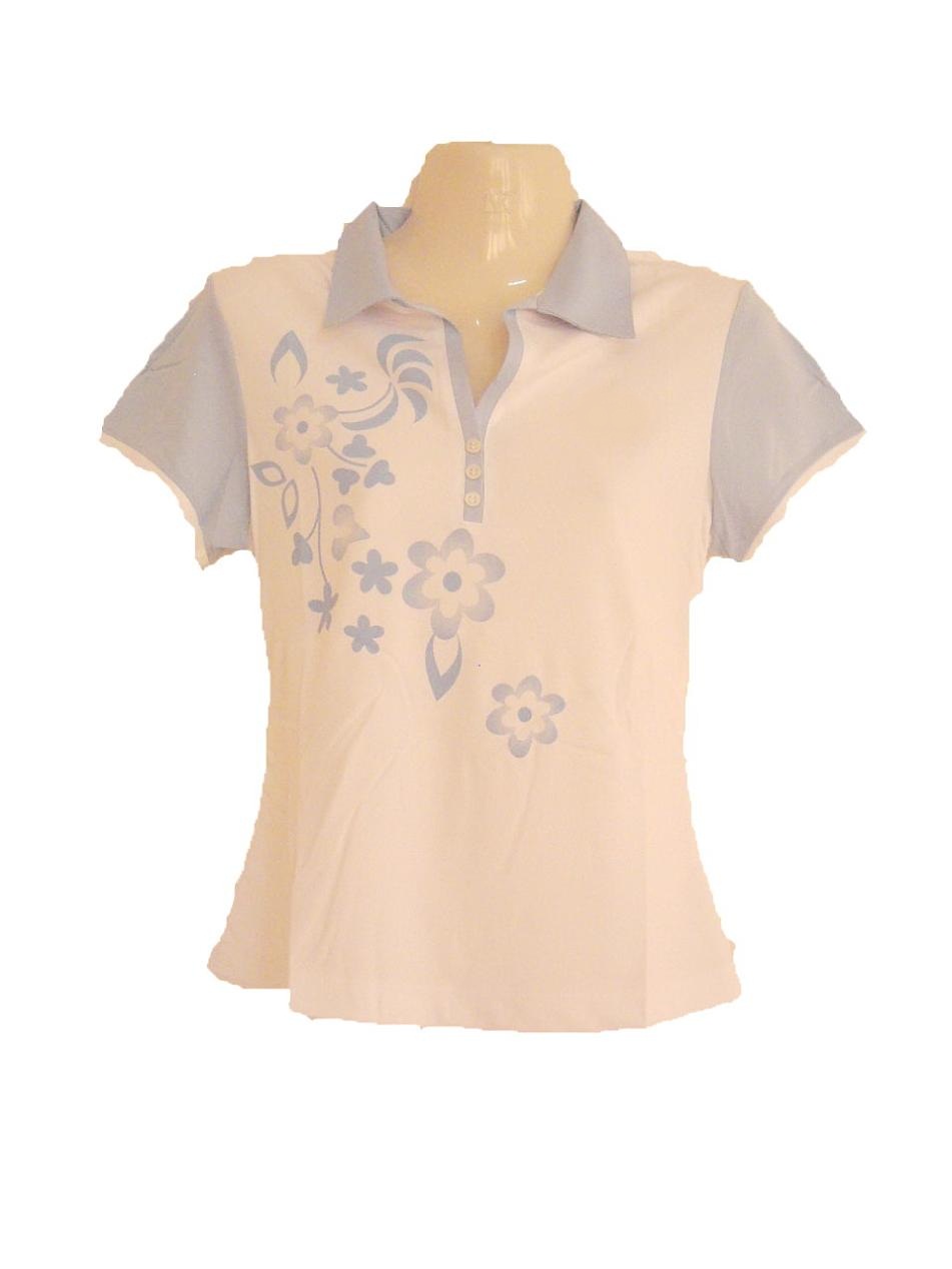 เสื้อเชิ้ต เสื้อคอปก ผู้หญิง เสื้อแขนสั้น สีขาว Size L เพ้นท์ลายดอกไม้ สีฟ้าอ่อน ใส่เล่นกีฬา ใส่วิ่ง ใส่ออกกำลังกาย sa146