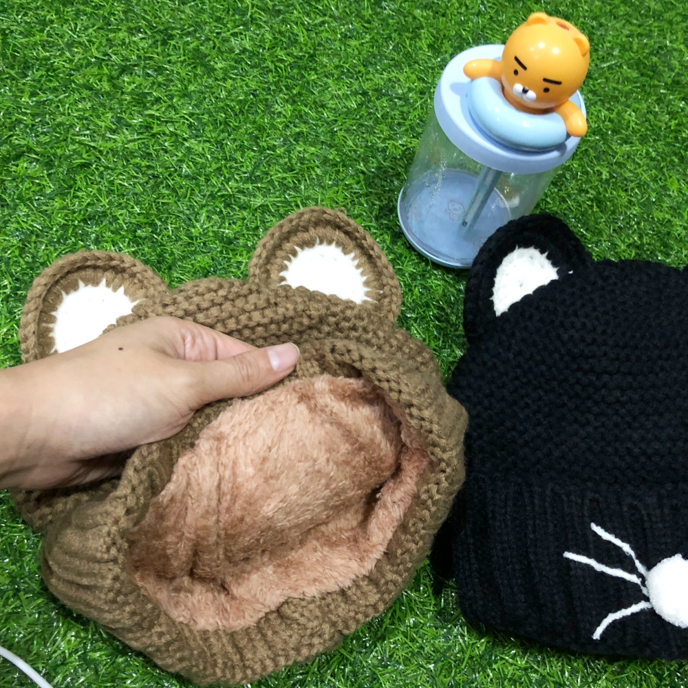 หมวกไหมพรม หนวดแมว น่ารัก งานดีบุขนอุ่นด้านใน พร้อมส่งจ้า