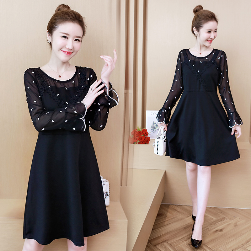 Dress4475 เดรสแขนยาวสีดำ ดีเทลช่วงอกและแขนเป็นผ้าชีฟองปักลายใบไม้เล็กๆ ผ้าไมโครเนื้อดีมีน้ำหนักยืดหยุ่นได้ งานดีทรงสวย