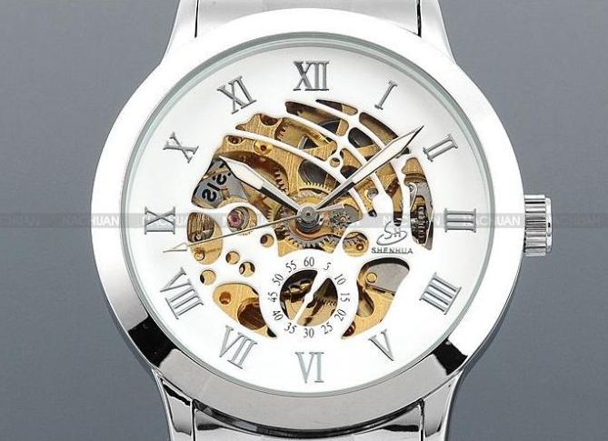 นาฬิกาข้อมือ โชว์กลไก Mechanical watch นาฬิกาไม่ต้องใช้ถ่าน นาฬิกาข้อมือผู้ชาย สาย Stainless Steel หน้าปัดขาว ลายก้างปลา ของขวัญสุดหรู 673953