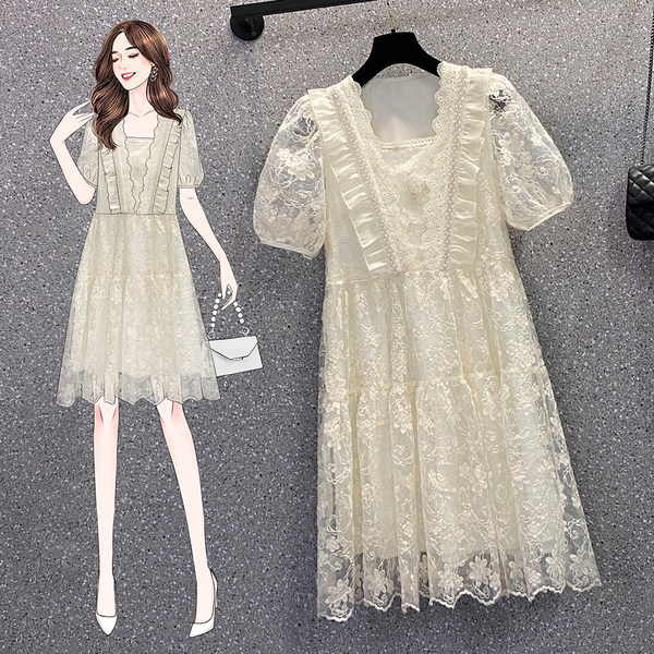 เดรสคนอ้วน เดรสสาวอวบ ชุดเดรสคนอ้วนวัยรุ่นแขนสั้น BY PLUS SIZE Girl
