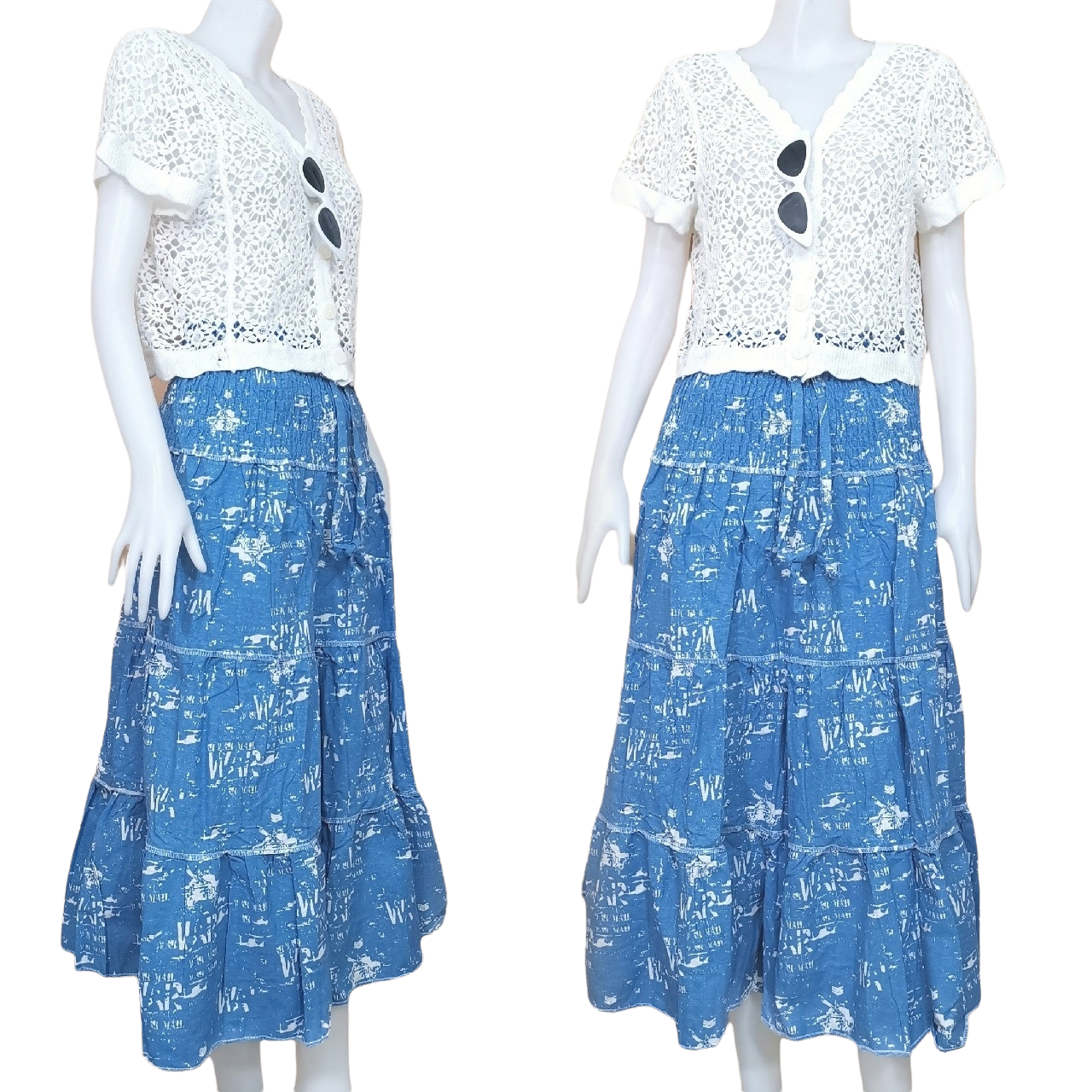 Skirt403-406 กระโปรงยาวลายดอกไม้ เอวสม็อคยางยืด ผ้าคอตตอนยีนส์, ผ้าสกินนี่เนื้อดีมีน้ำหนัก งานสวยน่ารักทรงนี้มีติดตู้ไว้ใส่ได้เรื่อยๆ งานน่ารักแมทช์กับอะไรก็เข้า