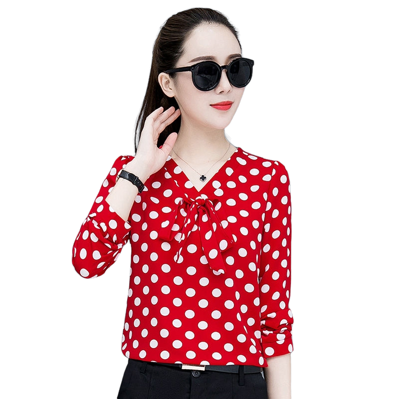 Blouse3833 เสื้อแขนยาวลายจุดใหญ่ผูกโบว์อก ผ้าวูลพีชเนื้อดีนุ่มใส่สบาย ทรงคอวีใส่แล้วดูผอมเพรียว ผ้าเนื้อดีนุ่มน่าใส่แมทช์กับกระโปรงหรือกางเกงก็ดูดีไม่แพ้กัน ใส่เที่ยว/ใส่ทำงานได้