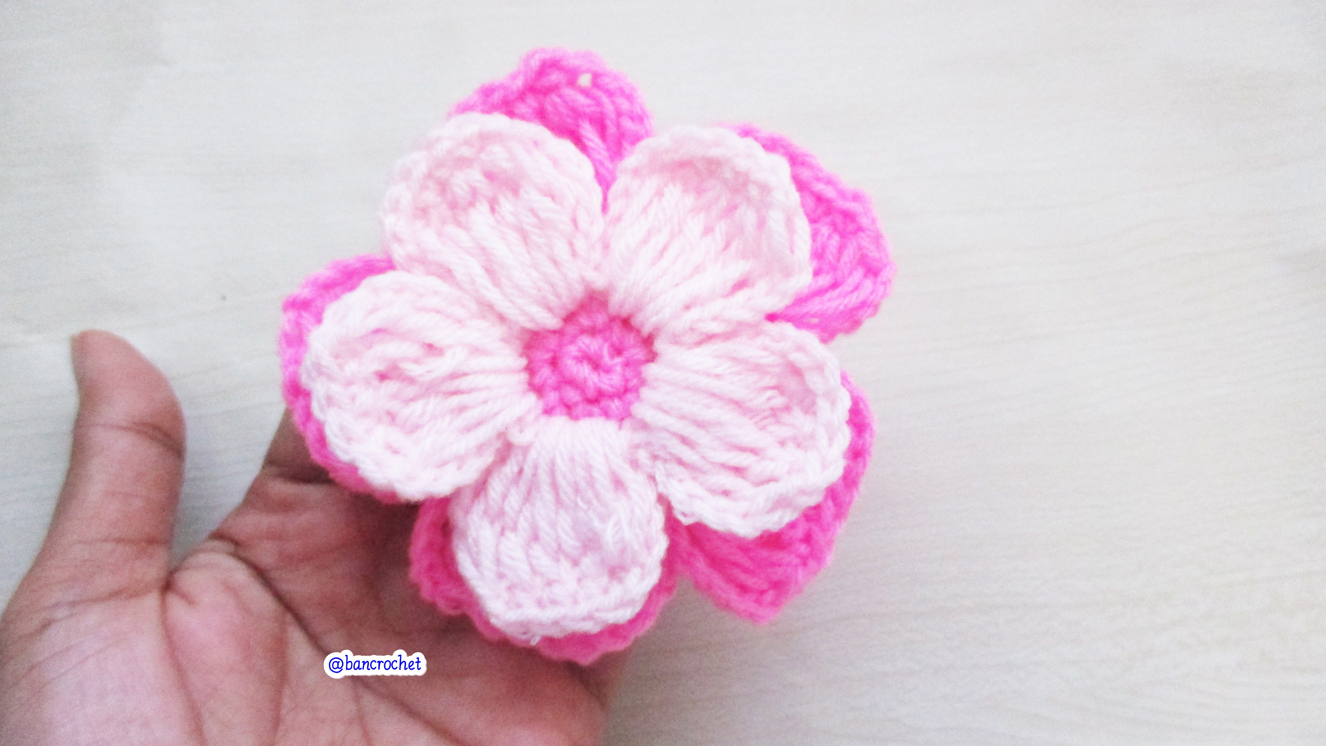 Bancrochet ดอกไม้ถักโครเชต์สองชั้น crochet Flowers ชมพู 2.5 inch