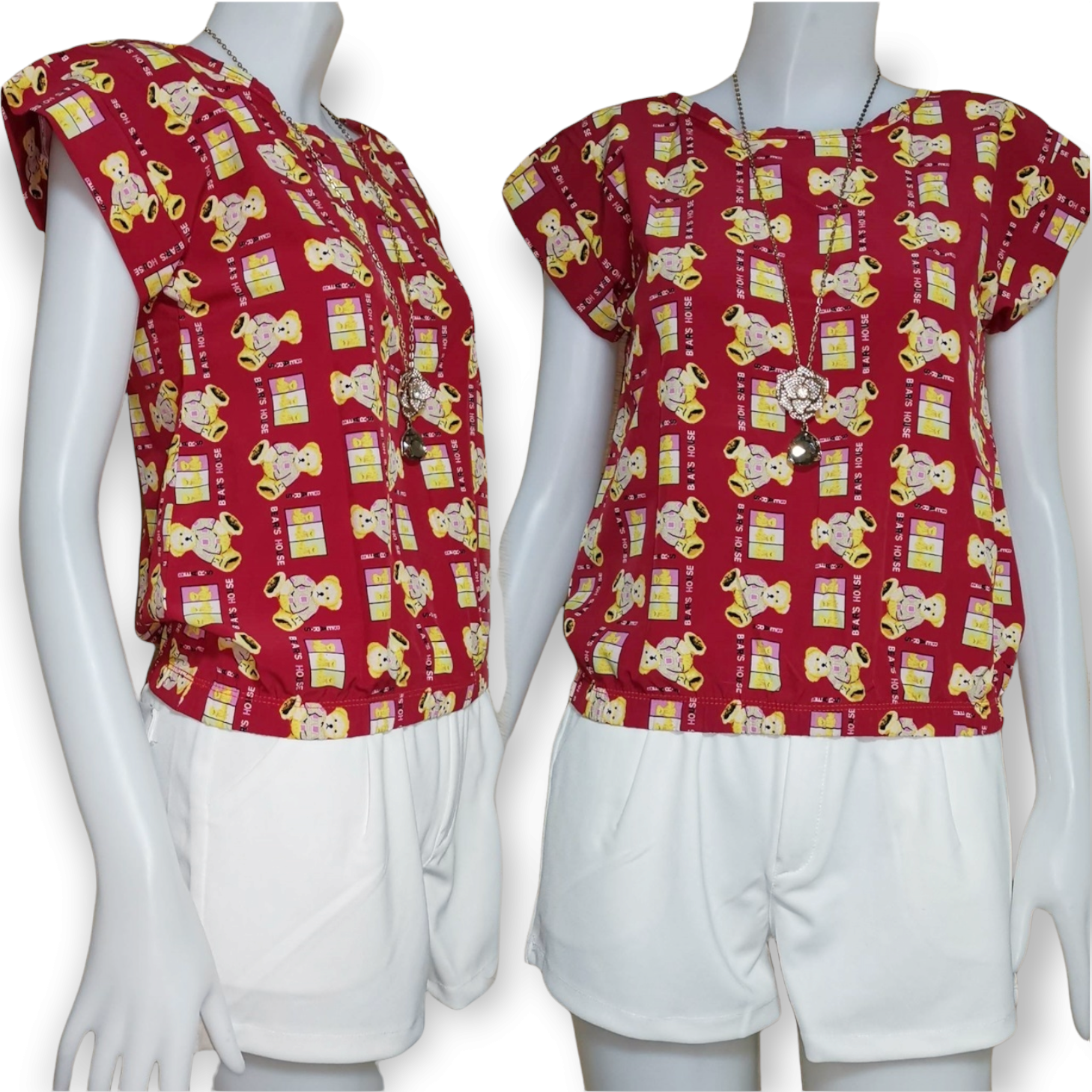 Blouse2146 เสื้อแฟชั่นน่ารัก แขนในตัว เอวจัมพ์ ผ้าไหมอิตาลีลายตุ๊กตาหมีสีแดงเข้ม