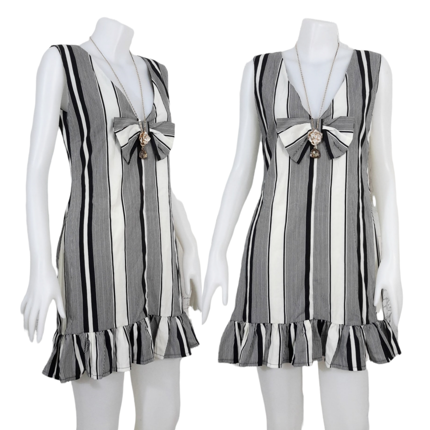 Dress3504 เดรสน่ารักชายระบาย แต่งโบว์ด้านหลัง ผ้าไหมอิตาลีลายริ้วเนื้อนิ่มใส่สบาย งานสวยใส่ง่ายน่ารักมาก มี 3 สี ดำ, แดง, เหลืองอ่อน