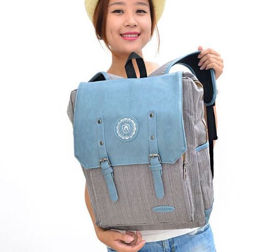 กระเป๋าเป้ กระเป๋าสะพายหลัง กระเป๋าใส่ notebook ใส่หนังสือเรียน ใส่เสื้อผ้าเที่ยว ผ้าแคนวาส สไตล์วินเทจ ลายทาง คลาสสิค ฝาปิดหนัง สีฟ้า 818815