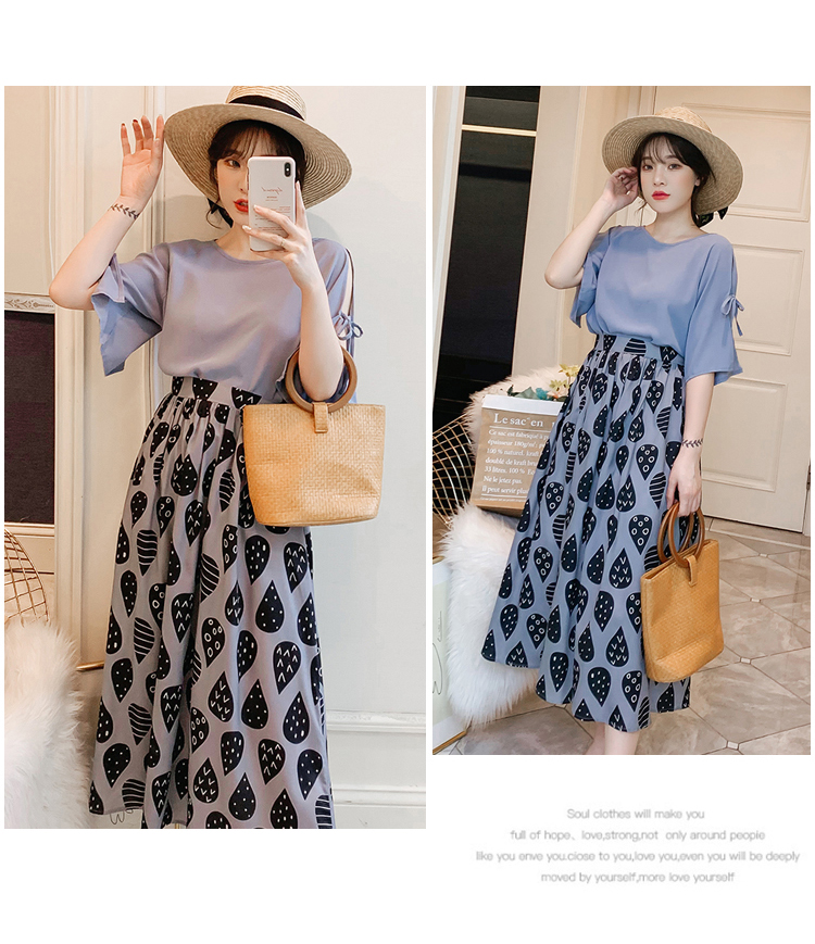 Set_bs1776 ชุดเซ็ท 2 ชิ้น(เสื้อ+กระโปรง) เสื้อแฟชั่นแขนผ่าผูกโบว์สีพื้นฟ้าคราม + กระโปรงยาวลายกราฟฟิคเอวยางยืด ผ้าโพลีเนื้อดีนุ่มใส่สบายผ้าเนื้อดีเรียบสวยไม่ยับง่าย งานเซ็ทเข้าชุดสุดน่ารัก ดีเทลเก๋ๆ ดีงาม แมทช์ได้ลงตัวเข้ากันดูดีที่สุด
