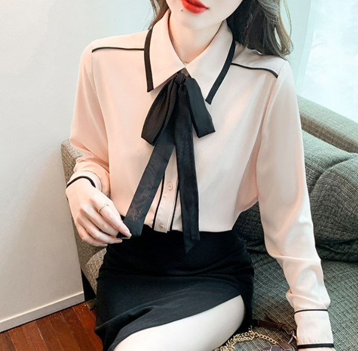 เสื้อเชิ้ตผู้หญิง เสื้อเชิ้ต แขนยาว พร้อม โบว์ สีดำ แบบสวย ตัดลายเส้น มีมิติ เสื้อเชิ้ต คอปก แบบสวย ๆ 751088