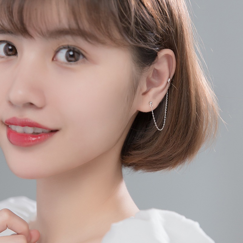 ต่างหูก้านเสียบ รุ่น Wild เงินแท้ทั้งชิ้น S925 ต่างหูหมุดกลม และ Ear Cuff 3แฉก แต่งโซ่ สีเงิน Silver925