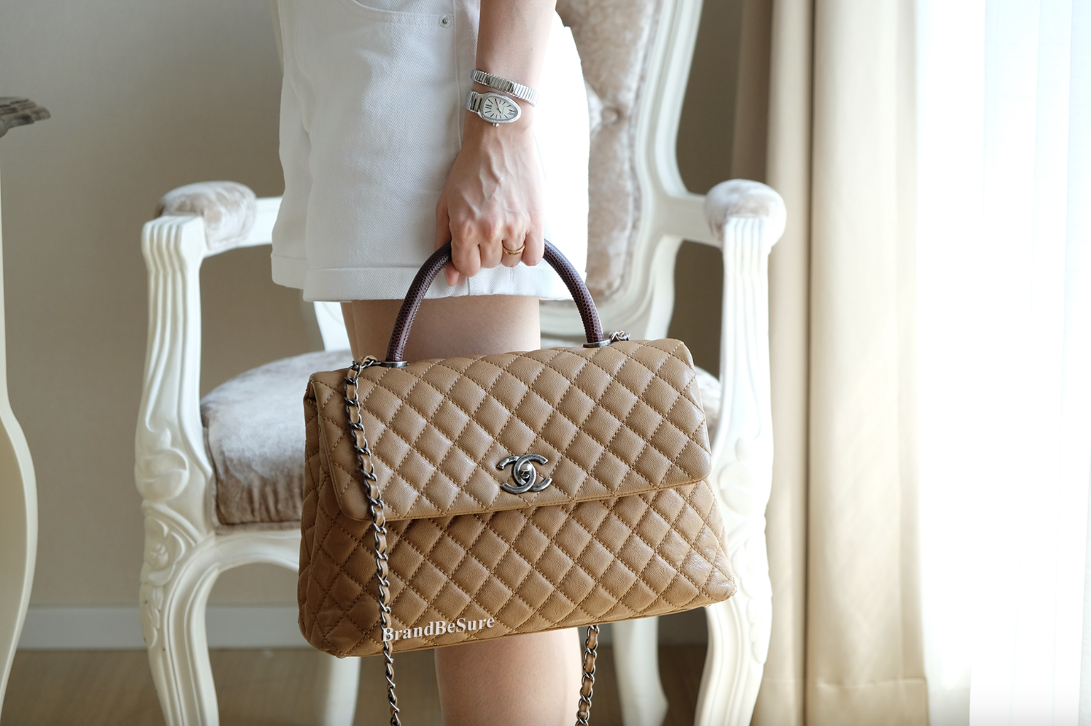 Chanel Caramel Caviar Coco Handle Lizard Medium 13" RHW