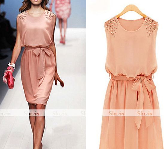 เดรสออกงาน เนื้อผ้าซีฟอง แขนกุด ปักมุกเลื่อมที่ไหล่ 2 ข้าง สีโอรส no 12992_1